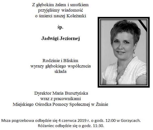 Informacja o śmierci Jadwigi Jeziornej 