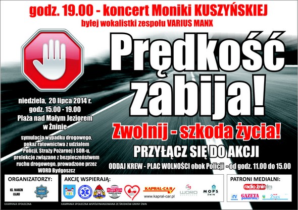 Plakat akcji "Prędkość zabija! Zwolnij - szkoda życia!" przeciwko wypadkom w ruchu drogowym zorganizowanej z okazji dnia Św. Krzysztofa, patrzona kierowców.